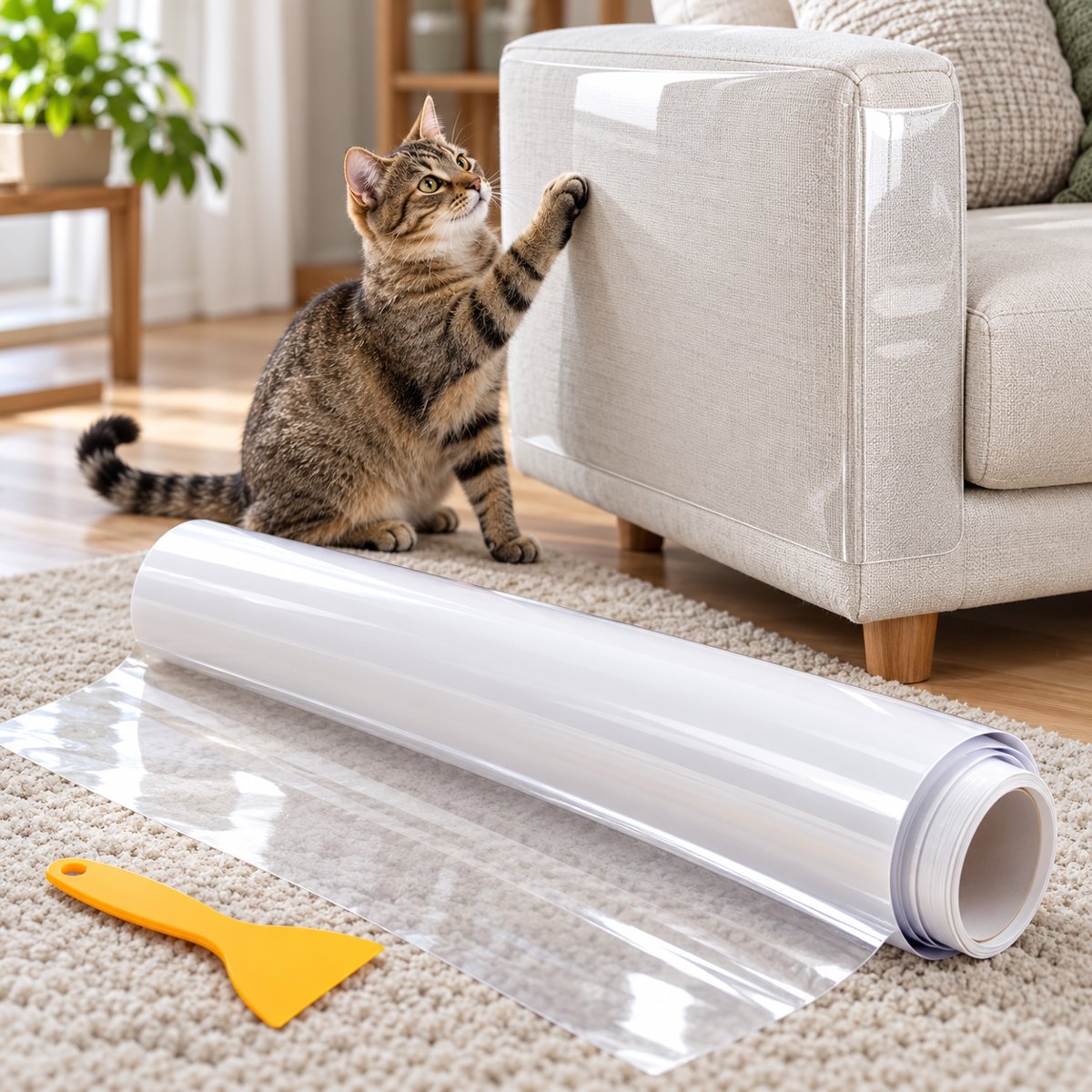 Katze vor einem Sofa mit transparenter Schutzfolie, Rolle und Rakel im Vordergrund